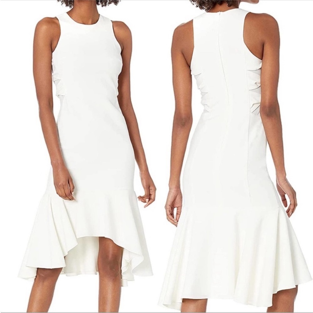 Halston Heritage Flounce Hem Mesh Cutout Asymmetrical Midi Dress White Sz 10